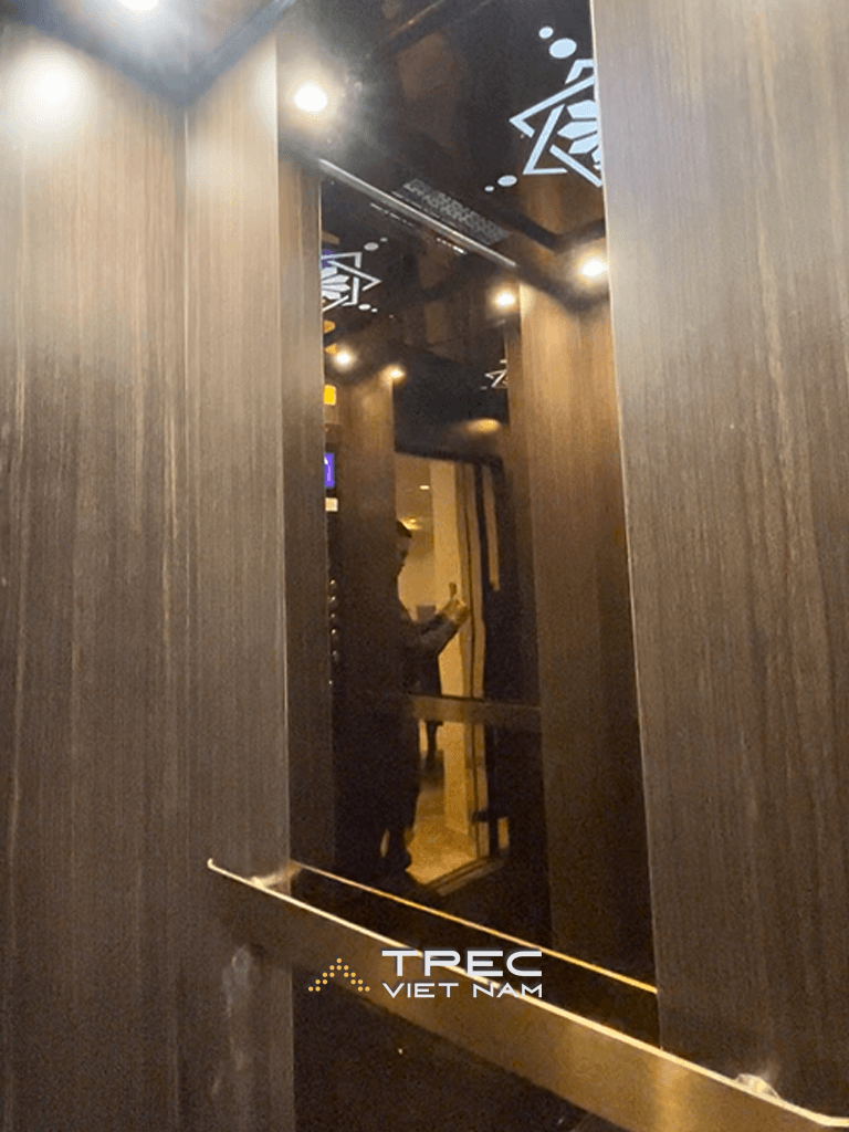 Vách cabin laminate vân gỗ sẫm và tay vịn inox, thang tải khách 450kg khách sạn Hội Vũ