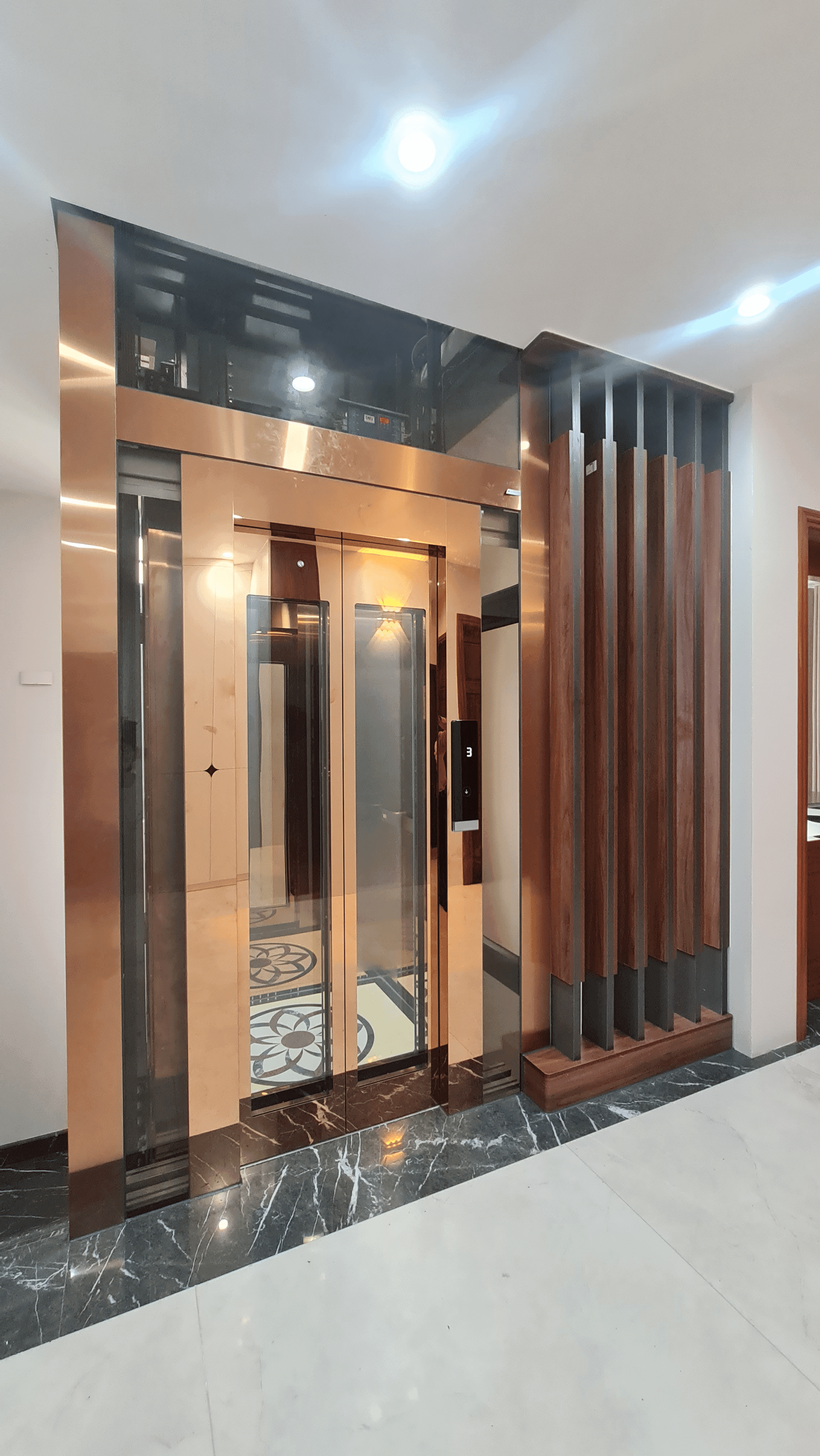 Thang máy kính khung bọc inox màu đồng