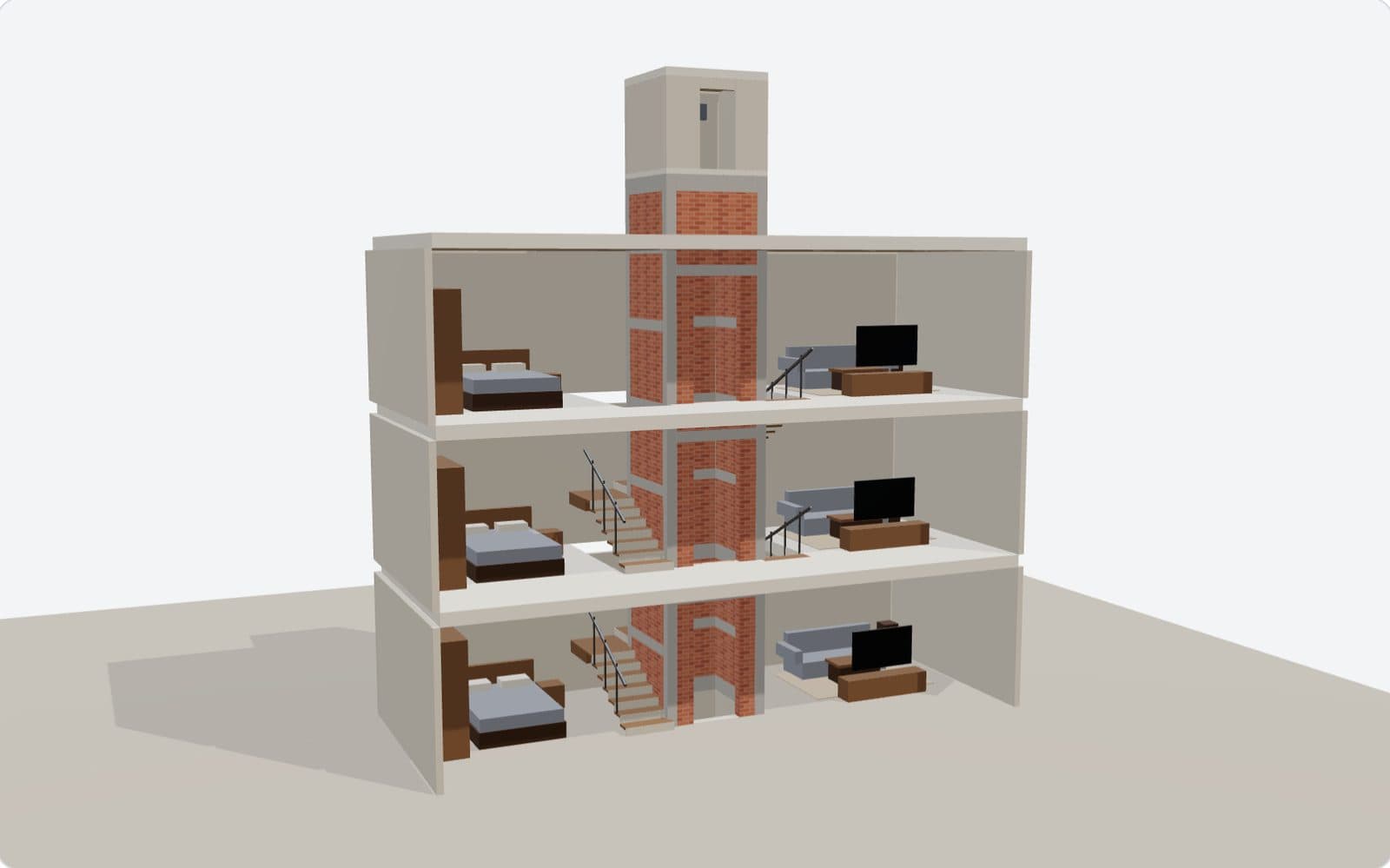 Mô hình 3D kết cấu hố thang máy xây gạch có phòng máy trong nhà ba tầng cắt lớp: cột và đà bê tông, lanh tô cửa tầng, hố pit, phòng máy trên đỉnh