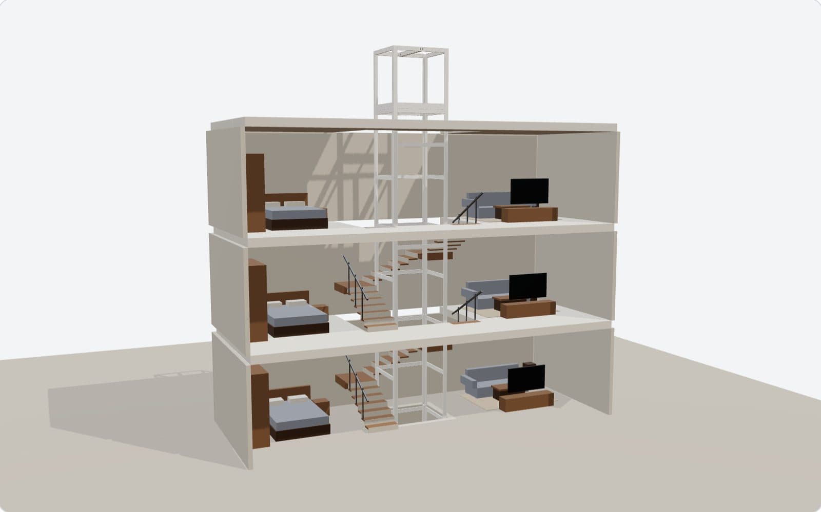 Mô hình 3D khung thép chấn thang máy trong nhà ba tầng cắt lớp, chân cột dưới hố pit, móc treo trên đỉnh