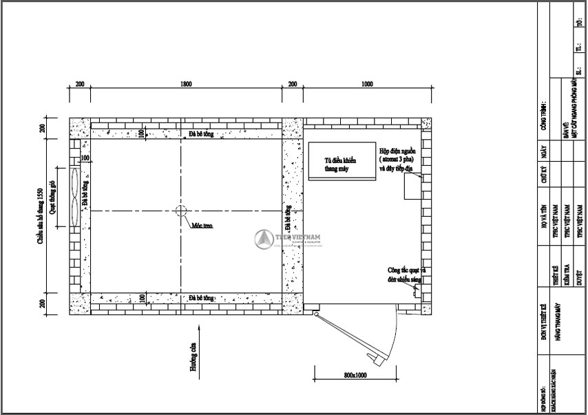 Mặt cắt ngang phòng máy, vị trí kê bệ máy Mặt cắt ngang phòng máy, vị trí kê bệ máy