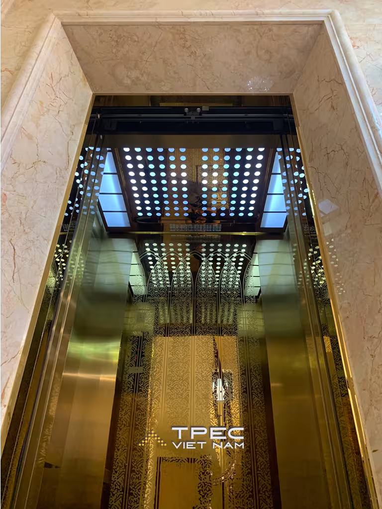 Cabin thang máy full inox vàng - vách sau inox gương vàng hoa văn