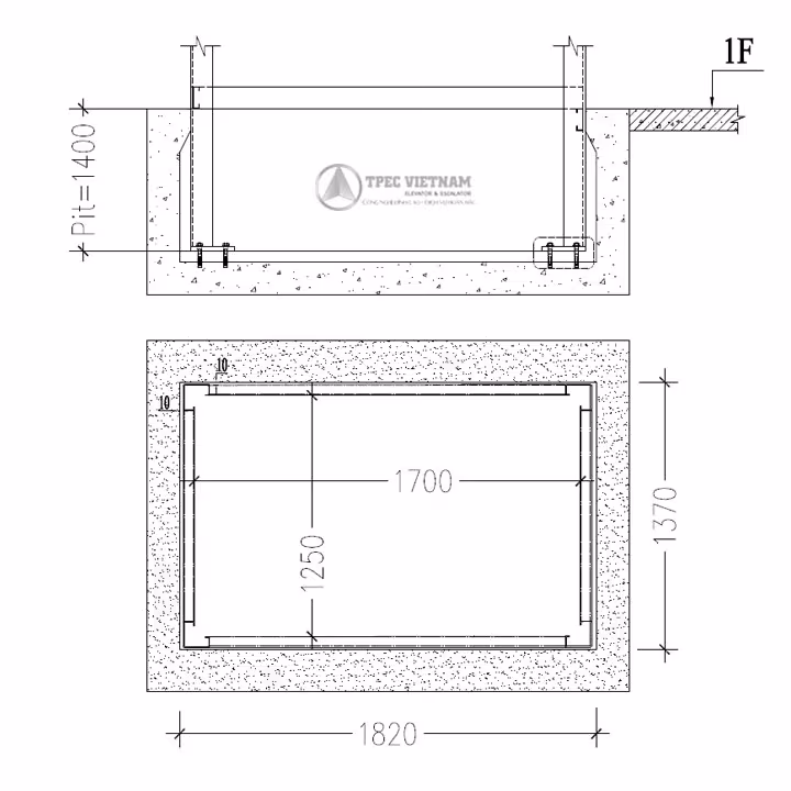 Kích thước hố pit thang máy kính 350kg