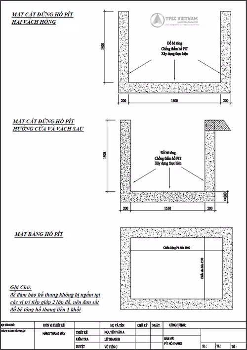 Bản vẽ kết cấu hố pit thang máy